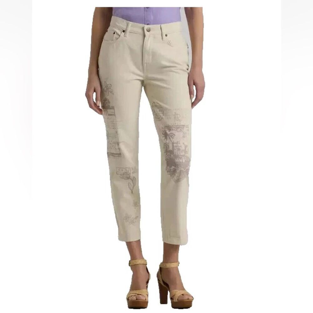 LAUREN RALPH LAUREN Womens Print Relaxed Tapered Ankle Jeans Cream Wash Sz 2